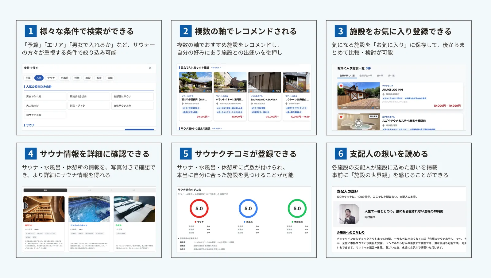 SaunaTripの特徴：様々な条件で検索ができる、複数の軸でレコメンドされる、施設をお気に入り登録できる、サウナ情報を詳細に確認できる、サウナクチコミが登録できる、支配人の想いを読める