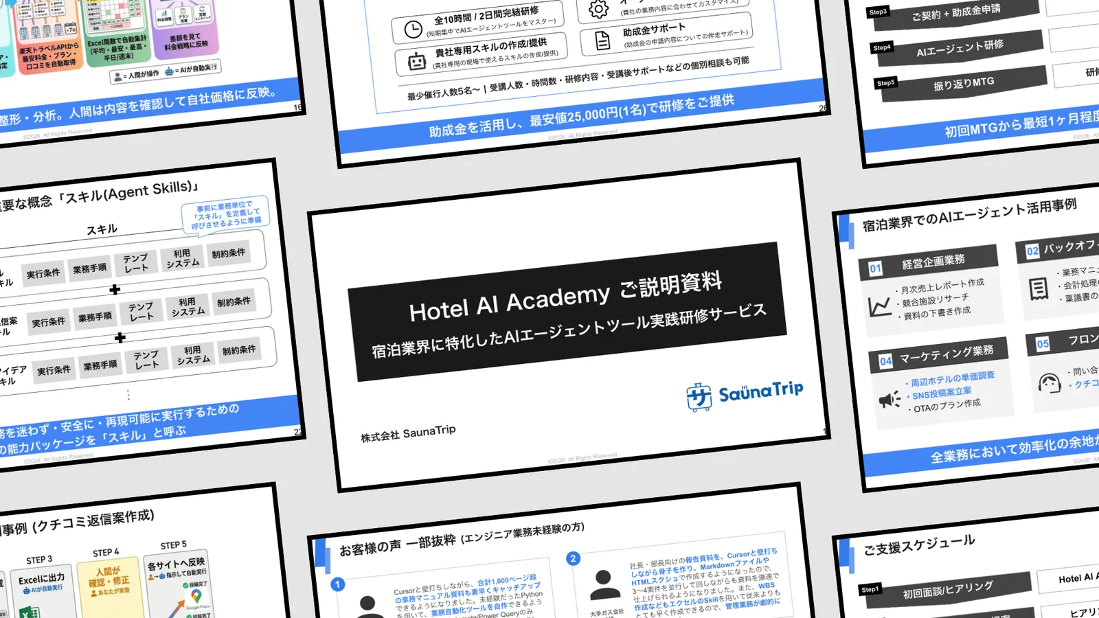 宿泊業界特化の生成AI研修 ご説明資料。施設ごとにオーダーメイドした研修で現場の生成AI活用を支援